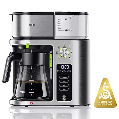 Braun MultiServe Coffee Machine 7 Programmable Brew Sizes / 3 Strengths + Iced Coffee & Hot Water for Tea, Glass Carafe (10-Cup), Stainless Steel, KF9170SI